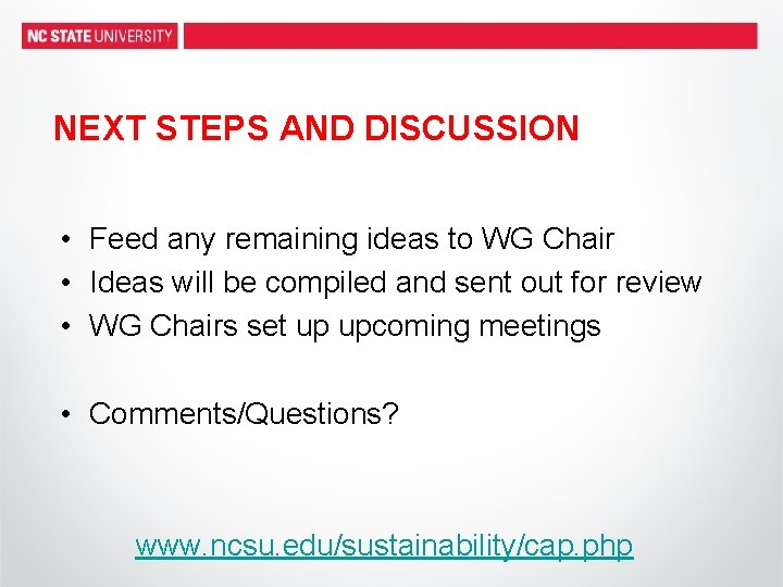 NEXT STEPS AND DISCUSSION • Feed any remaining ideas to WG Chair • Ideas