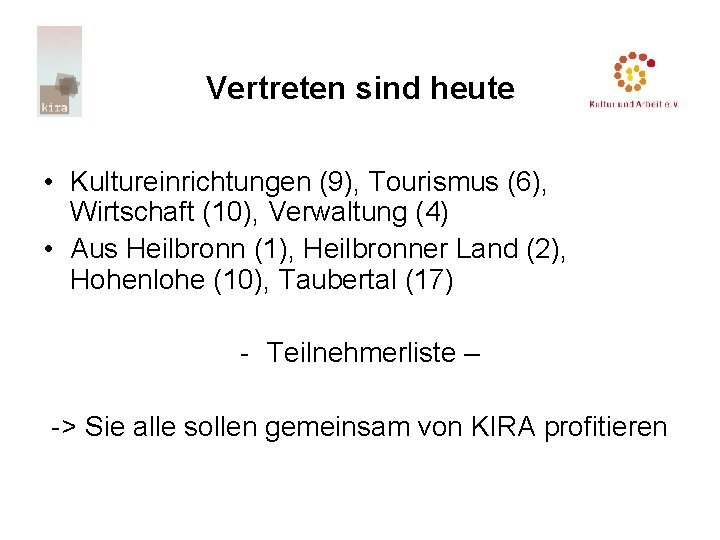 Vertreten sind heute • Kultureinrichtungen (9), Tourismus (6), Wirtschaft (10), Verwaltung (4) • Aus