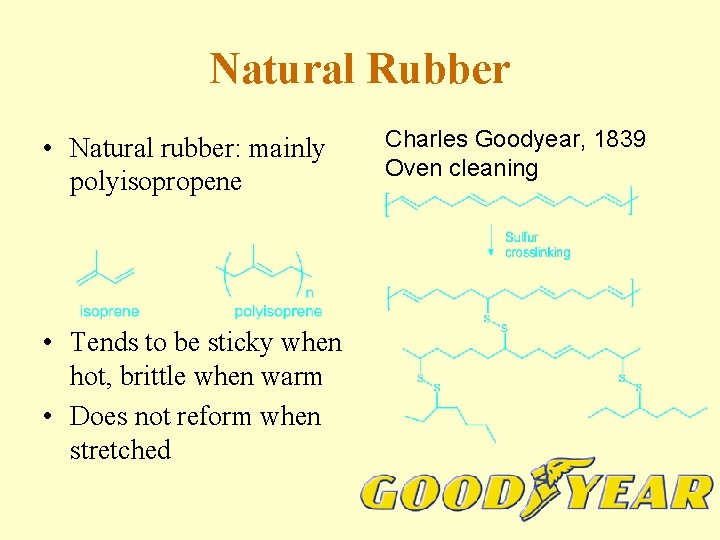 Natural Rubber • Natural rubber: mainly polyisopropene • Tends to be sticky when hot,