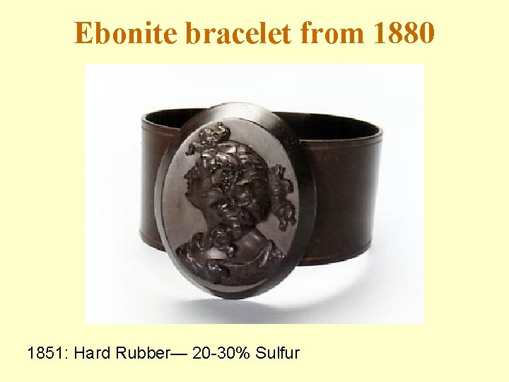 Ebonite bracelet from 1880 1851: Hard Rubber— 20 -30% Sulfur 