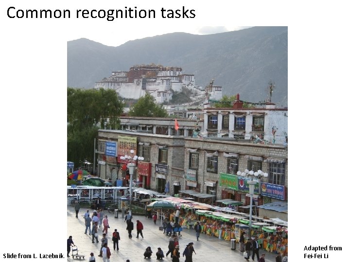 Common recognition tasks Slide from L. Lazebnik. Adapted from Fei-Fei Li 