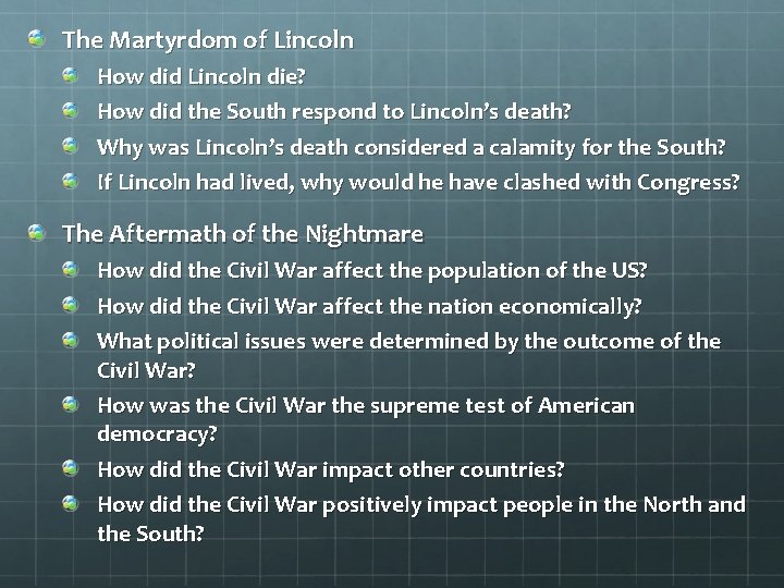 The Martyrdom of Lincoln How did Lincoln die? How did the South respond to