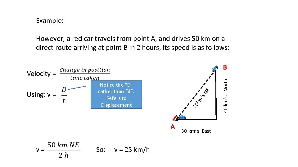 Example: However, a red car travels from point A, and drives 50 km on