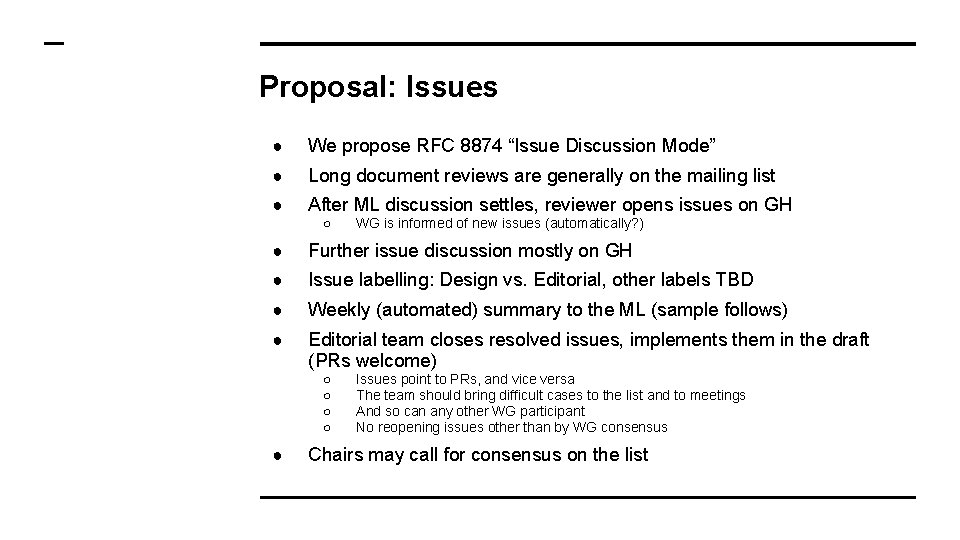 Proposal: Issues ● We propose RFC 8874 “Issue Discussion Mode” ● Long document reviews