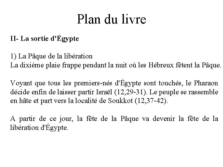 Plan du livre II- La sortie d'Égypte 1) La Pâque de la libération La