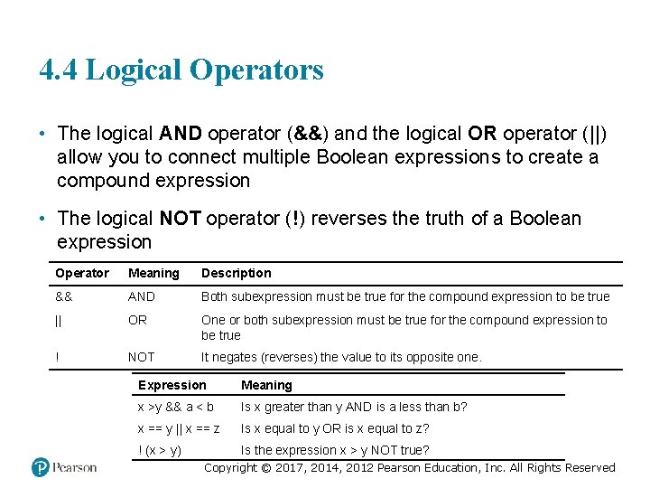 4. 4 Logical Operators • The logical AND operator (&&) and the logical OR