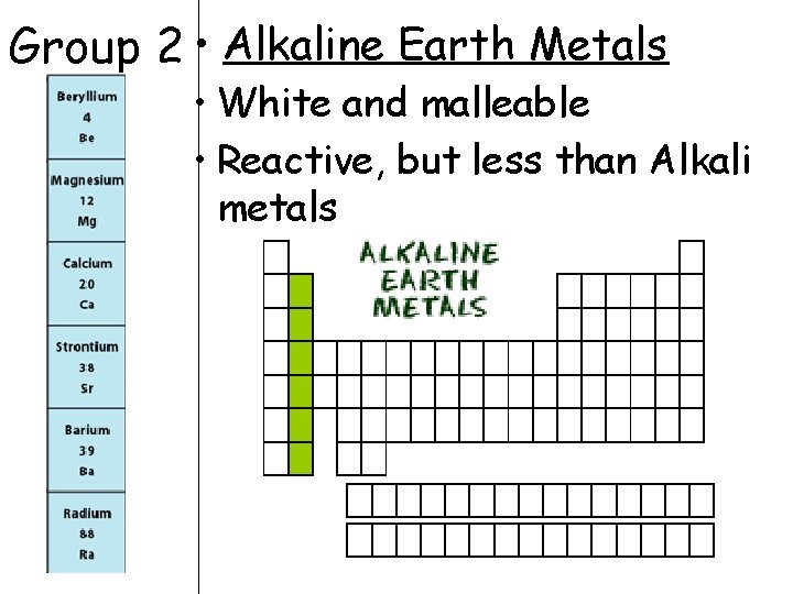 Group 2 • Alkaline Earth Metals • White and malleable • Reactive, but less