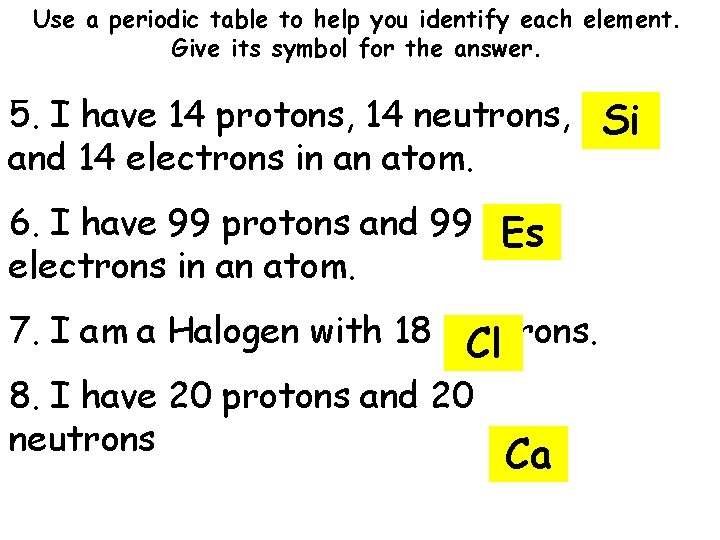 Use a periodic table to help you identify each element. Give its symbol for