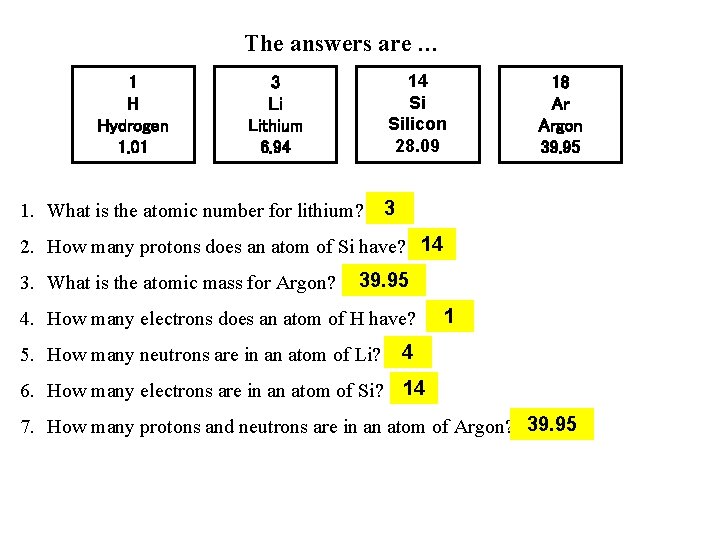 The answers are … 1 H Hydrogen 1. 01 14 Si Silicon 28. 09