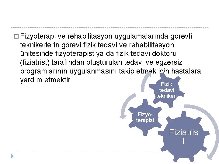 � Fizyoterapi ve rehabilitasyon uygulamalarında görevli teknikerlerin görevi fizik tedavi ve rehabilitasyon ünitesinde fizyoterapist