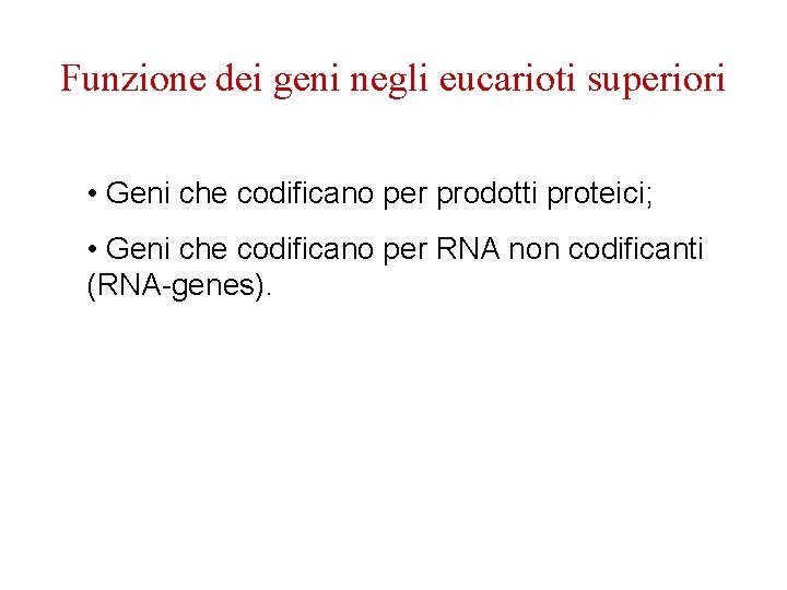 Funzione dei geni negli eucarioti superiori • Geni che codificano per prodotti proteici; •