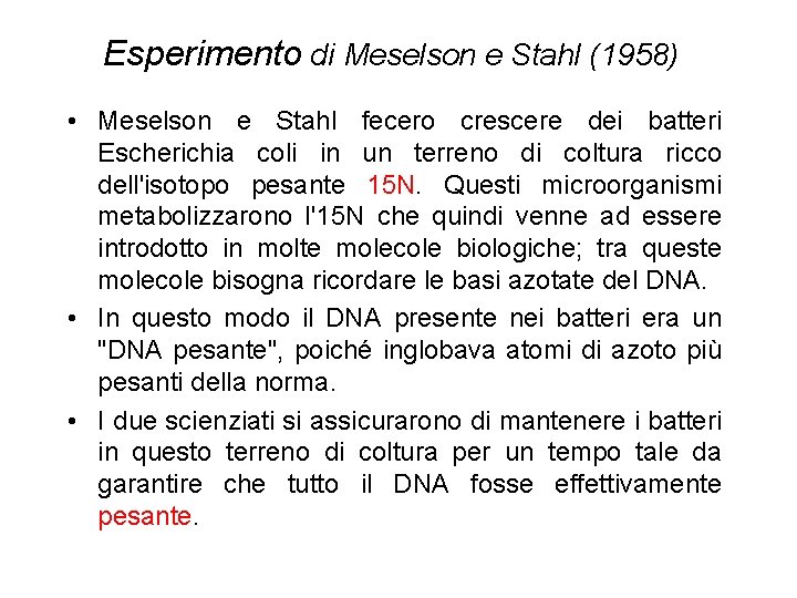 Esperimento di Meselson e Stahl (1958) • Meselson e Stahl fecero crescere dei batteri