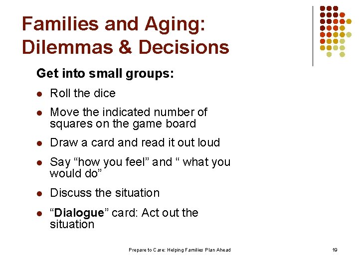 Families and Aging: Dilemmas & Decisions Get into small groups: l Roll the dice