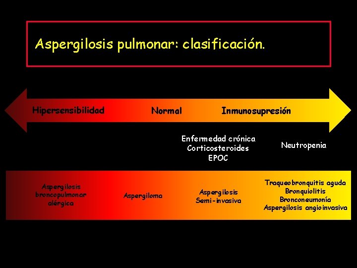 Aspergilosis pulmonar: clasificación. Hipersensibilidad Aspergilosis broncopulmonar alérgica Normal Aspergiloma Inmunosupresión Enfermedad crónica Corticosteroides EPOC