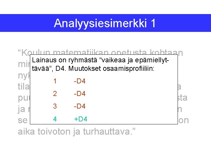 Analyysiesimerkki 1 “Koulun matematiikan opetusta kohtaan Lainaus on ryhmästä “vaikeaa ja epämiellytminulla jäi jokin