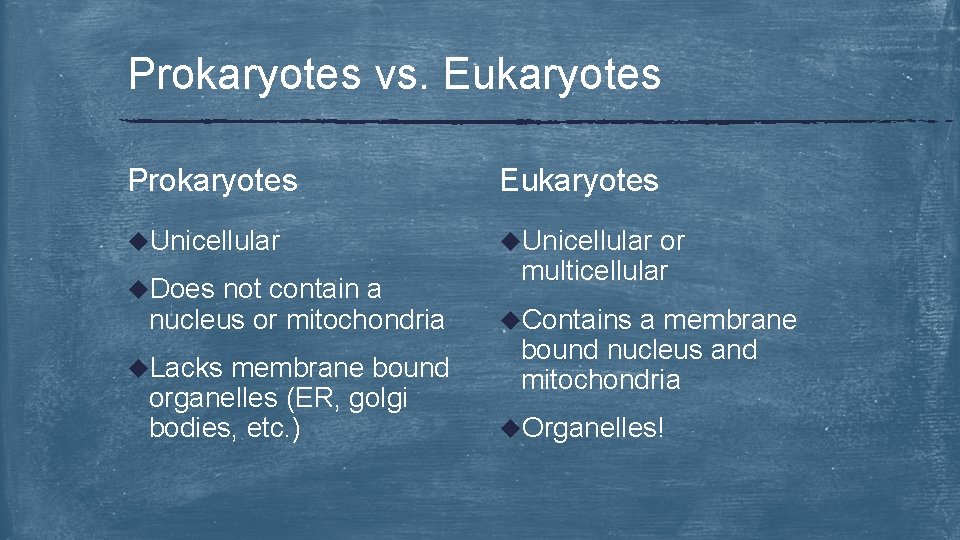 Prokaryotes vs. Eukaryotes Prokaryotes Eukaryotes u. Unicellular u. Does not contain a nucleus or