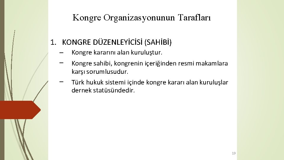 Kongre Organizasyonunun Tarafları 1. KONGRE DÜZENLEYİCİSİ (SAHİBİ) – – – Kongre kararını alan kuruluştur.