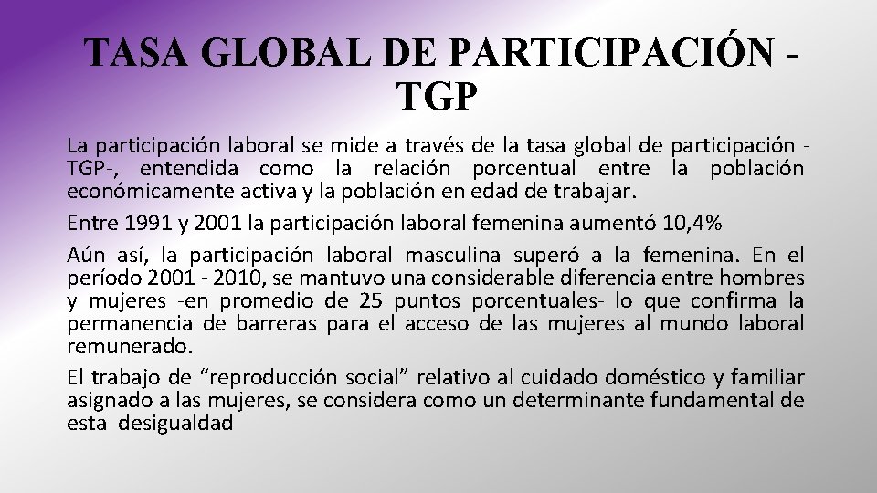 TASA GLOBAL DE PARTICIPACIÓN TGP La participación laboral se mide a través de la TASA GLOBAL DE PARTICIPACIÓN TGP La participación laboral se mide a través de la