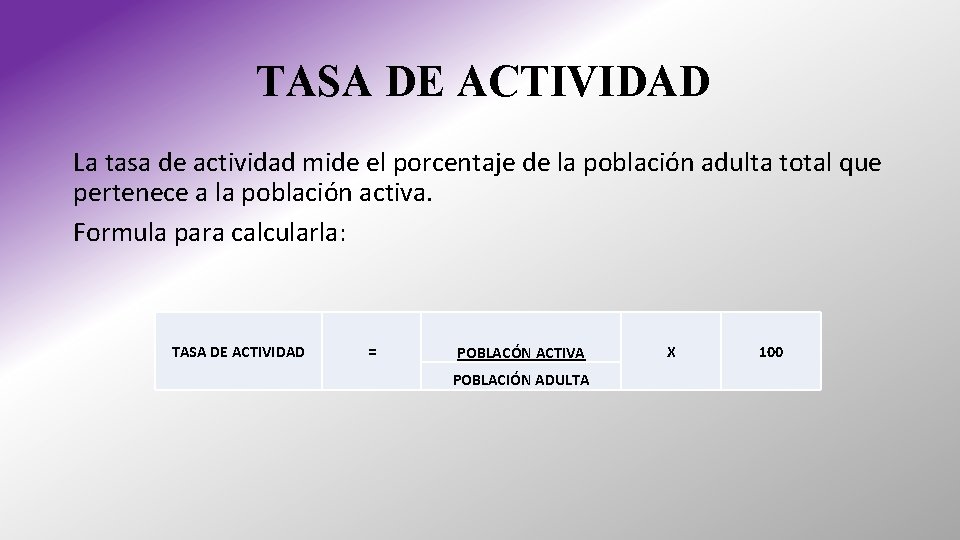 TASA DE ACTIVIDAD La tasa de actividad mide el porcentaje de la población adulta TASA DE ACTIVIDAD La tasa de actividad mide el porcentaje de la población adulta