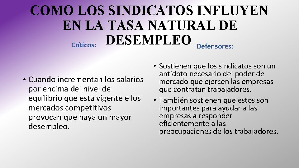 COMO LOS SINDICATOS INFLUYEN EN LA TASA NATURAL DE Críticos: DESEMPLEO Defensores: • Cuando COMO LOS SINDICATOS INFLUYEN EN LA TASA NATURAL DE Críticos: DESEMPLEO Defensores: • Cuando
