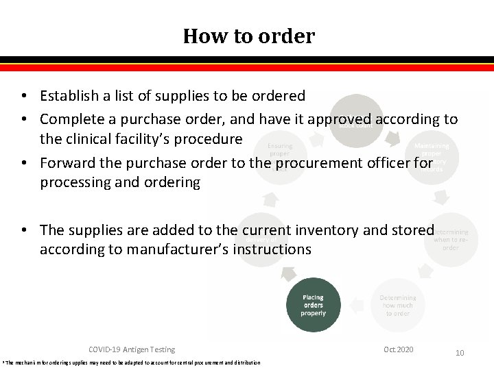 How to order • Establish a list of supplies to be ordered • Complete
