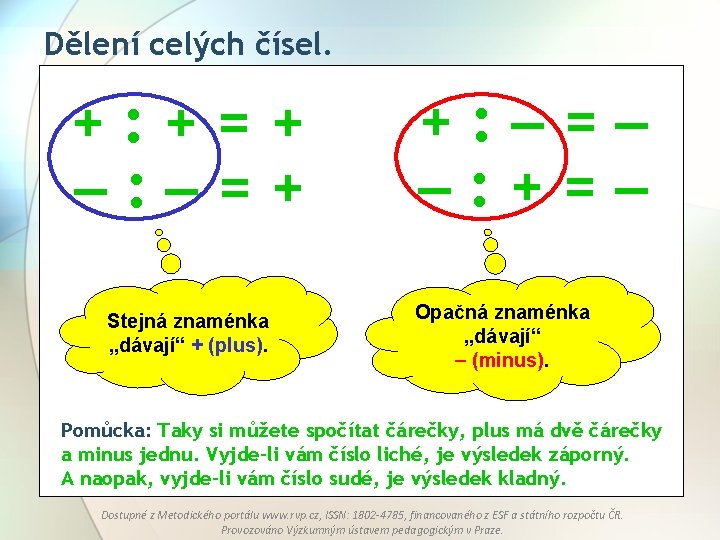 Dělení celých čísel. +: +=+ : =+ Stejná znaménka „dávají“ + (plus). +: =