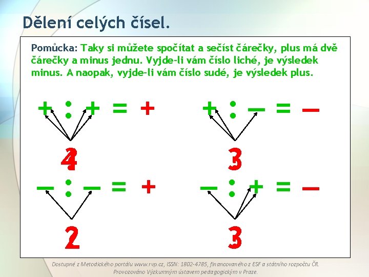 Dělení celých čísel. Pomůcka: Taky si můžete spočítat a sečíst čárečky, plus má dvě