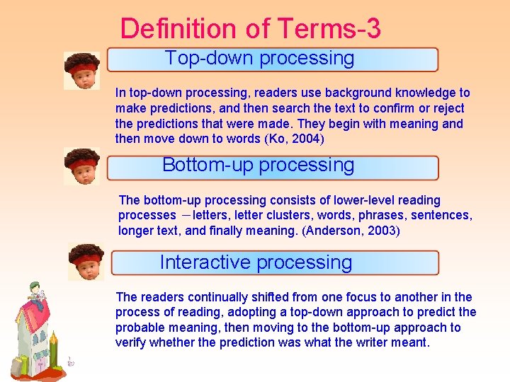 Definition of Terms-3 Top-down processing In top-down processing, readers use background knowledge to make