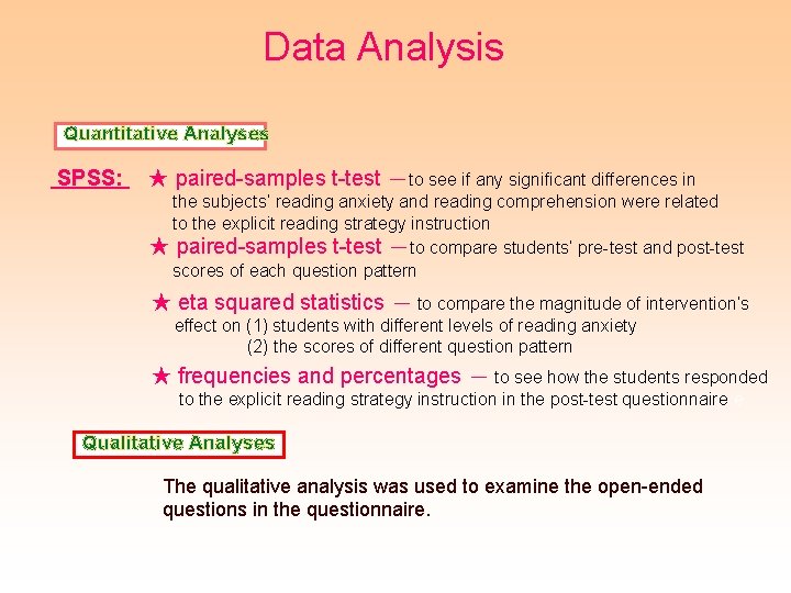 Data Analysis Quantitative Analyses SPSS: ★ paired-samples t-test －to see if any significant differences