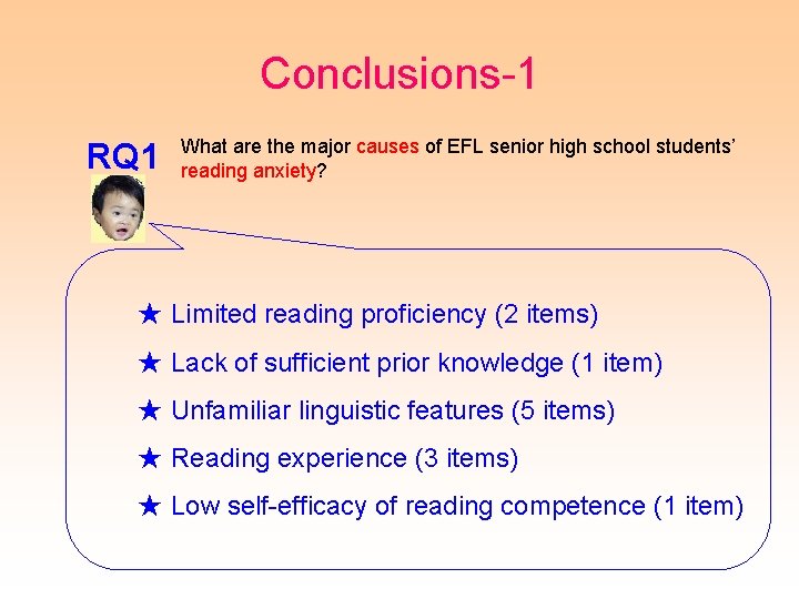 Conclusions-1 RQ 1 What are the major causes of EFL senior high school students’