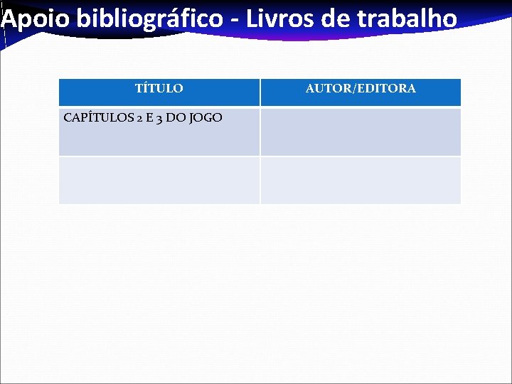 Apoio bibliográfico - Livros de trabalho TÍTULO CAPÍTULOS 2 E 3 DO JOGO AUTOR/EDITORA