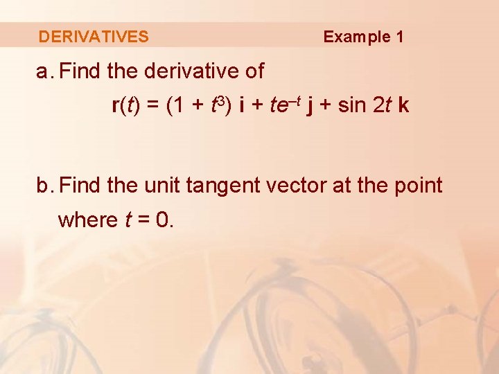 DERIVATIVES Example 1 a. Find the derivative of r(t) = (1 + t 3)