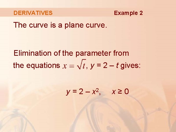 Example 2 DERIVATIVES The curve is a plane curve. Elimination of the parameter from