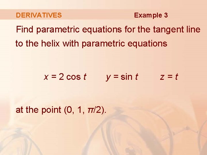 Example 3 DERIVATIVES Find parametric equations for the tangent line to the helix with