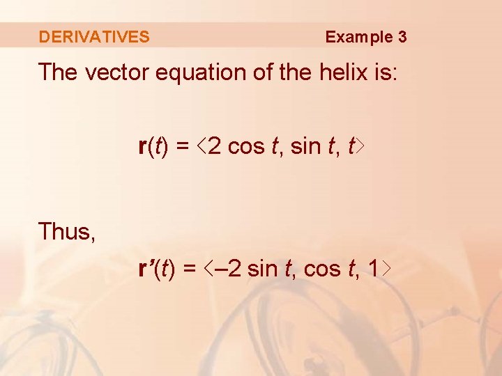 DERIVATIVES Example 3 The vector equation of the helix is: r(t) = ‹ 2