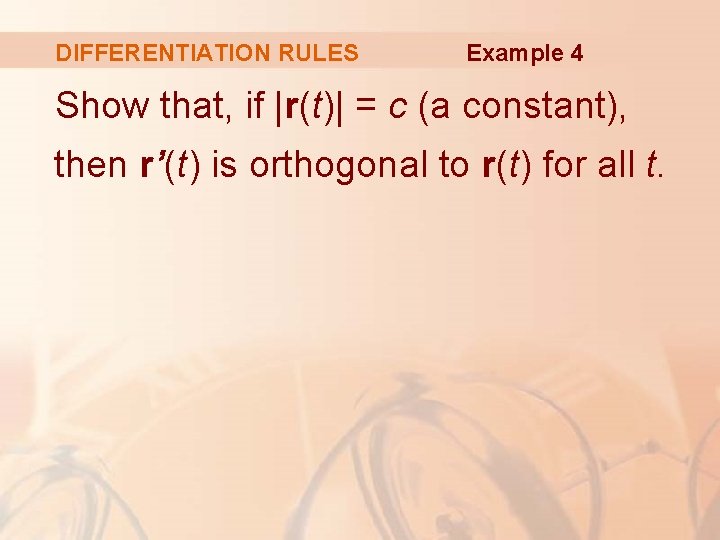 DIFFERENTIATION RULES Example 4 Show that, if |r(t)| = c (a constant), then r’(t)