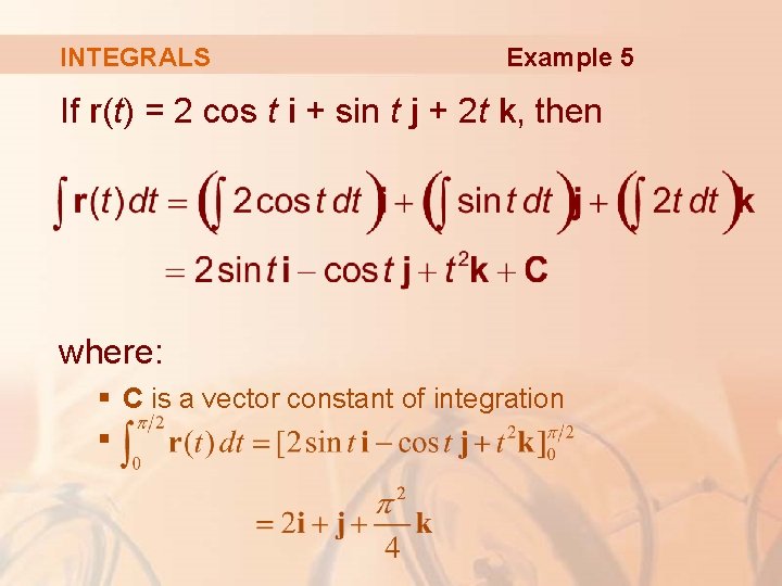 INTEGRALS Example 5 If r(t) = 2 cos t i + sin t j