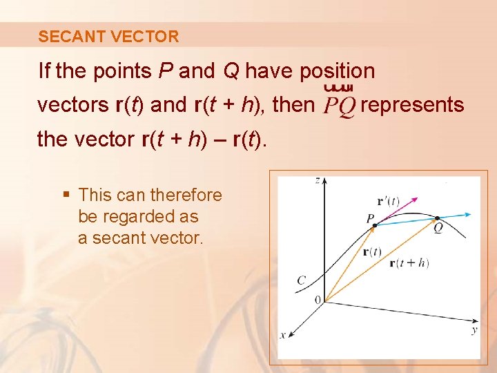 SECANT VECTOR If the points P and Q have position vectors r(t) and r(t