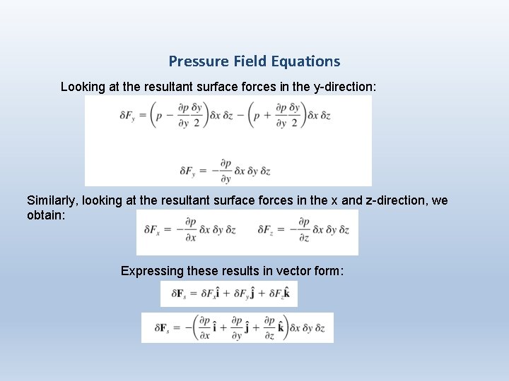 Pressure Field Equations Looking at the resultant surface forces in the y-direction: Similarly, looking