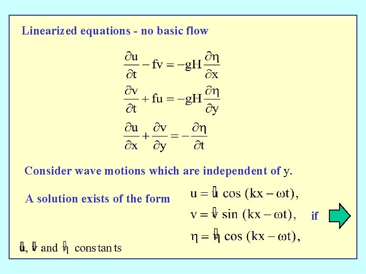 Linearized equations - no basic flow Consider wave motions which are independent of y.