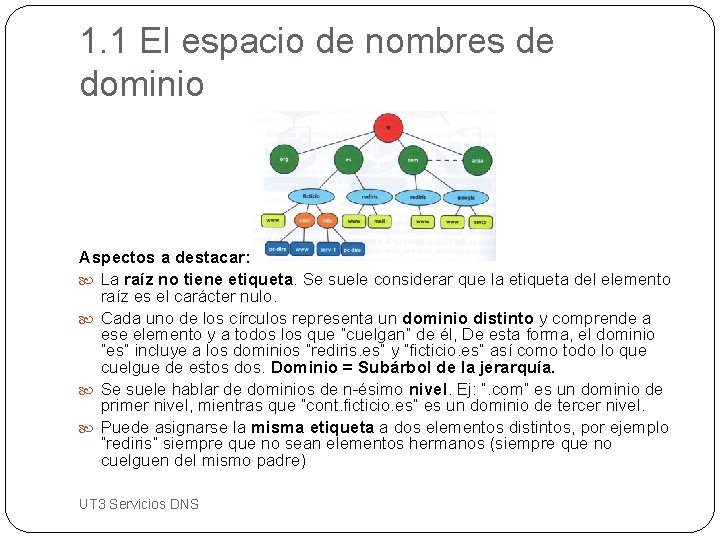 1. 1 El espacio de nombres de dominio Aspectos a destacar: La raíz no