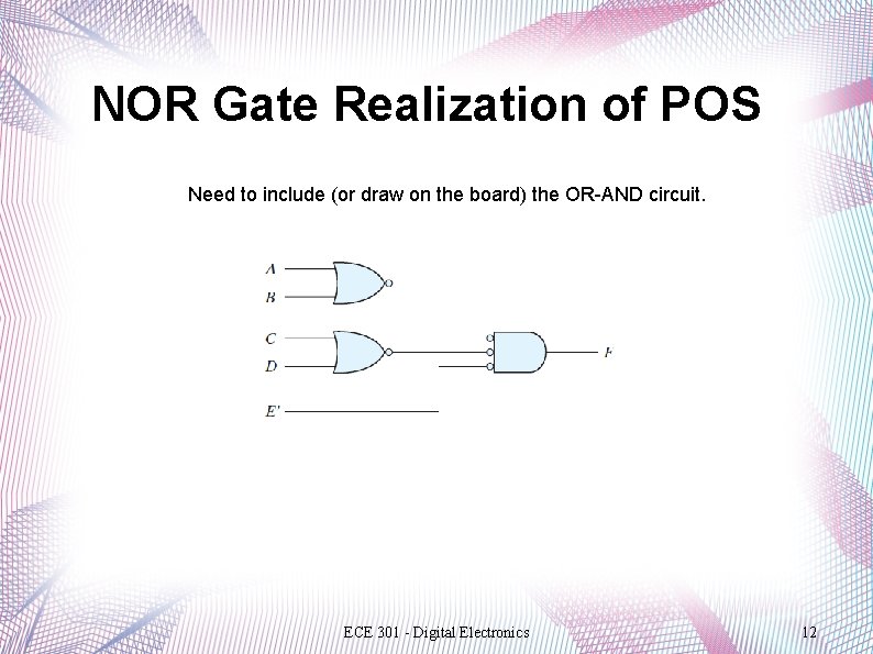 NOR Gate Realization of POS Need to include (or draw on the board) the NOR Gate Realization of POS Need to include (or draw on the board) the
