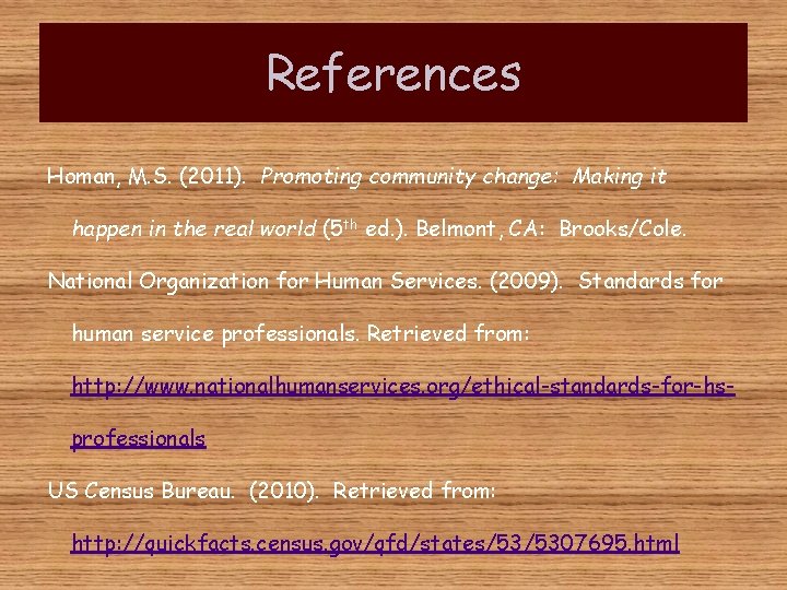 References Homan, M. S. (2011). Promoting community change: Making it happen in the real