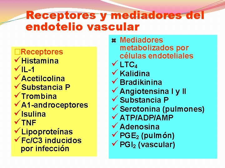 Receptores y mediadores del endotelio vascular �Receptores üHistamina üIL-1 üAcetilcolina üSubstancia P üTrombina üA