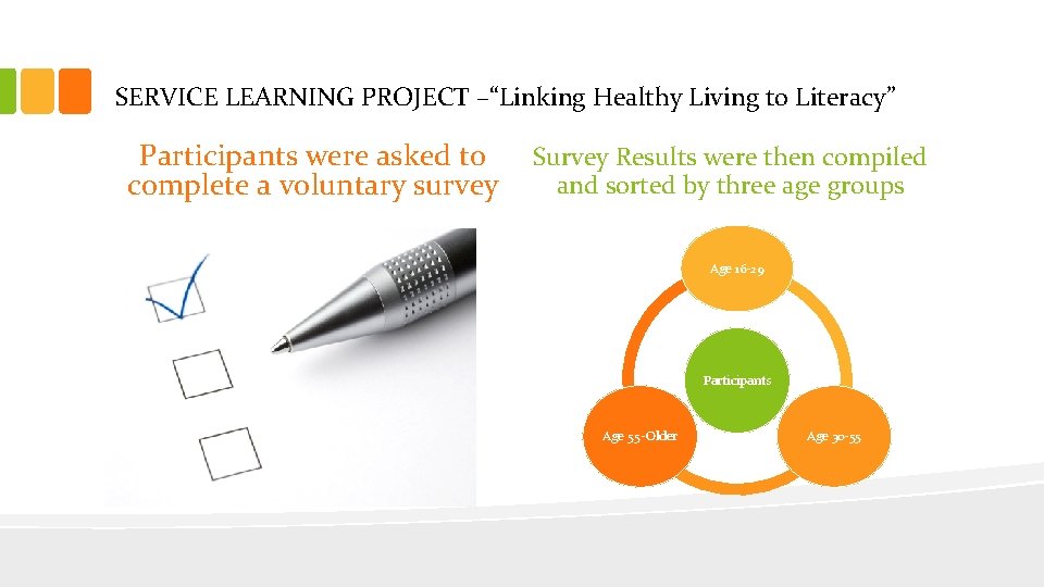 SERVICE LEARNING PROJECT –“Linking Healthy Living to Literacy” Participants were asked to complete a