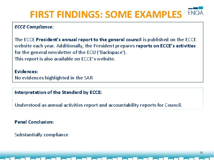 FIRST FINDINGS: SOME EXAMPLES ECCE Compliance: The ECCE President’s annual report to the general