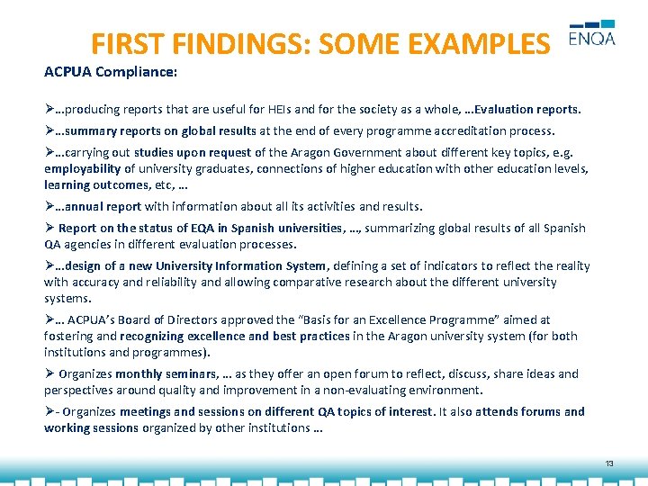 FIRST FINDINGS: SOME EXAMPLES ACPUA Compliance: Ø…producing reports that are useful for HEIs and