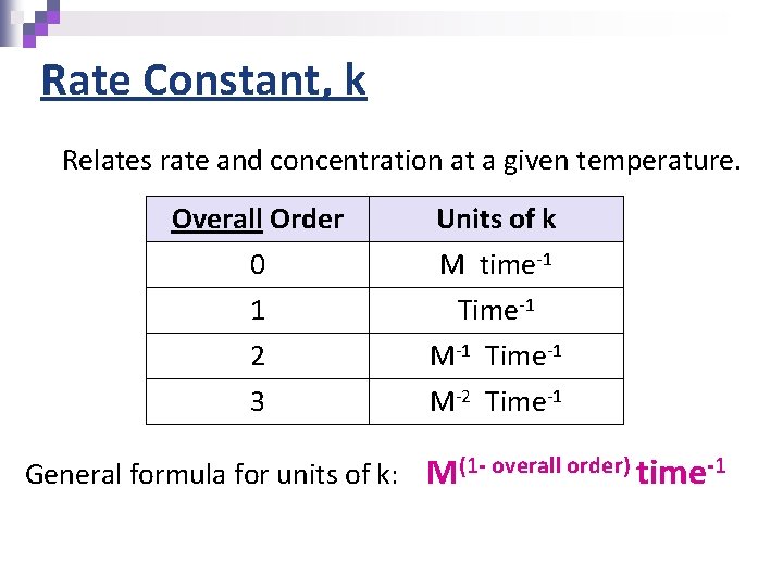 Rate Constant, k Relates rate and concentration at a given temperature. Overall Order 0