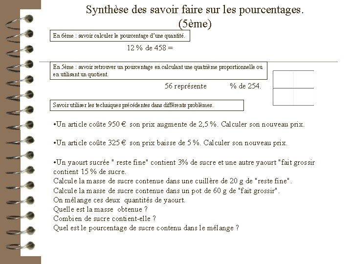 Synthèse des savoir faire sur les pourcentages. (5ème) En 6ème : savoir calculer le