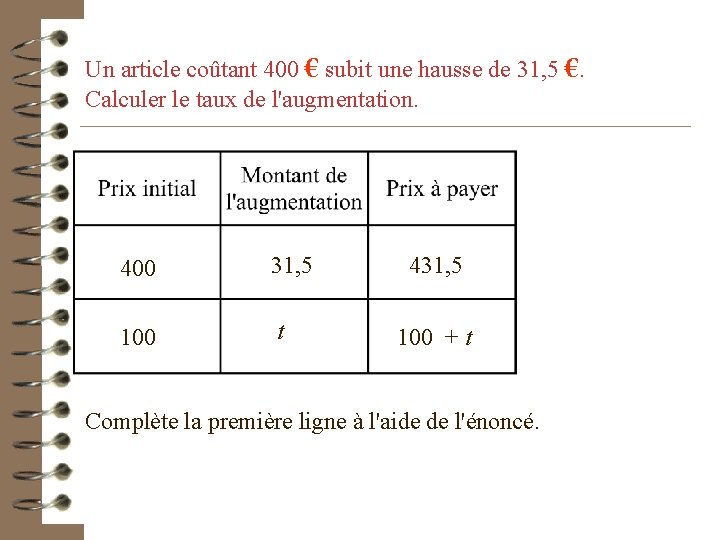 Un article coûtant 400 € subit une hausse de 31, 5 €. Calculer le